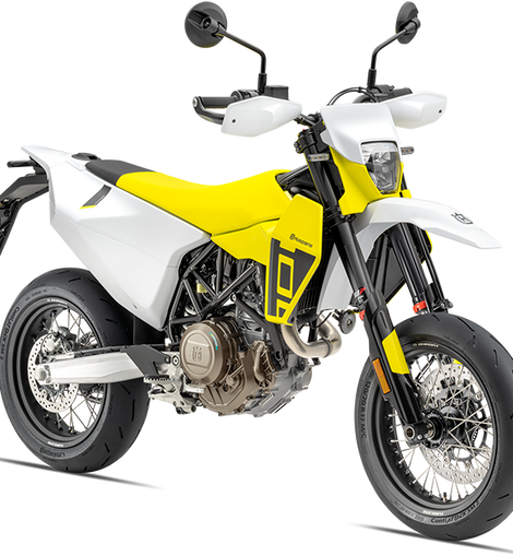Moto supermotard Husqvarna 701 Supermoto amarilla, vista frontal derecha