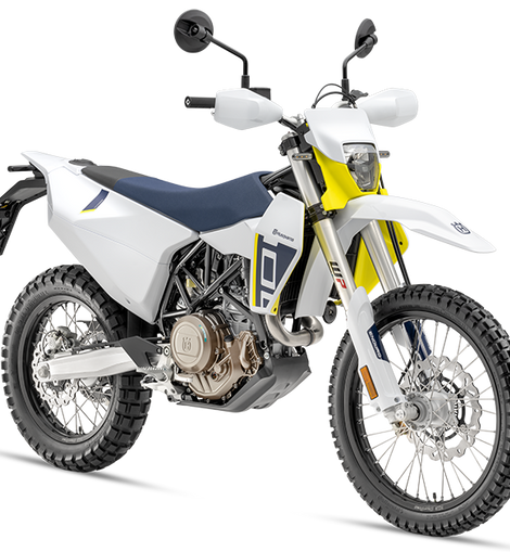 Moto trail Husqvarna 701 Enduro blanca, vista frontal derecha