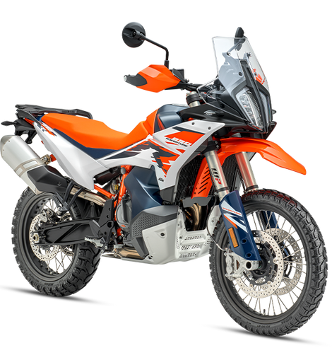 Moto adventure KTM 890 Adventure R 2026 naranja, vista frontal derecha