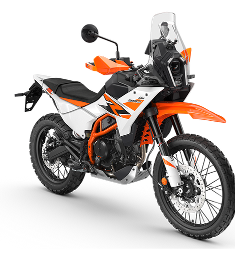 Moto adventure KTM 390 Adventure R 2026 blanca, vista frontal derecha