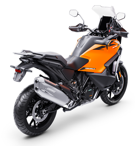 Moto adventure KTM 1390 Super Adventure S EVO 2026 naranja, vista trasera derecha