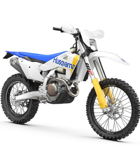 Moto enduro Husqvarna FE 350 2027 blanca, vista frontal derecha