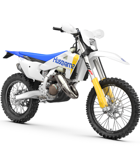 Moto enduro Husqvarna TE 125 2027 blanca, vista frontal derecha