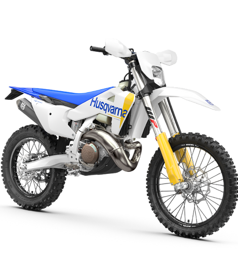 Moto enduro Husqvarna TE 300 2027 blanca, vista frontal derecha