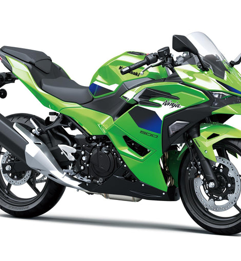 Kawasaki Ninja 500 SE 2026 verde lima, vista frontal derecha